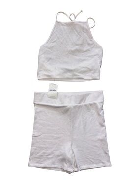 Forever 21 White Ribbed Halter Crop & High-Waist Bike Short Set